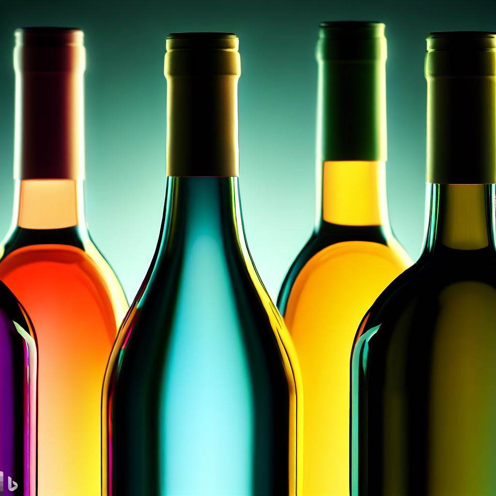 butelki na wino z kolorową zawartością